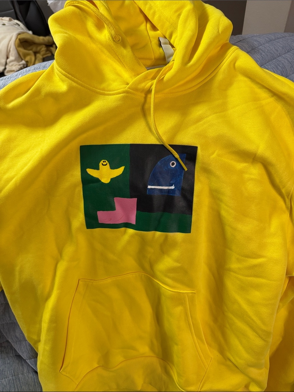 adidas Yellow Graphic Hoodie with Multicolor Print